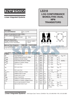 LS318 datasheet - LOg conformance monolithic dual NPN transistor