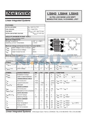 LS844 datasheet - Ultra low noise low drift lmonolithic dual N-channel JFET