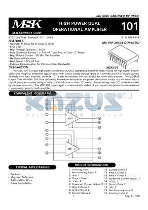 MSK101 datasheet - High power dual operational amplifier