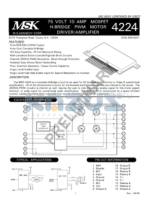 MSK4224 datasheet - 75 V, 10A MOSFET H-bridge PWM motor driver/amplifier
