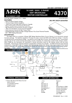MSK4370D datasheet - 500 V, 10A, 3-phase IGBT brushless motor controller