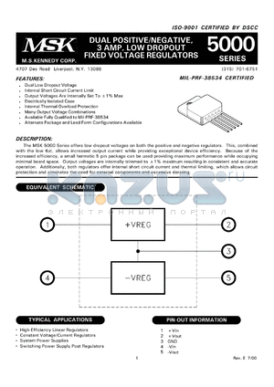 MSK5003TS datasheet - Dual positive/negative, 3A, low dropout fixed voltage regulator