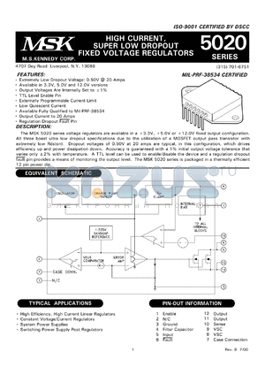 MSK5020-5 datasheet - 5V, High current, super low dropout fixed voltage regulator