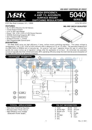 MSK5040-5H datasheet - 5V, High efficiency, 4 AMP 1 % accurate surface mount switching regulator