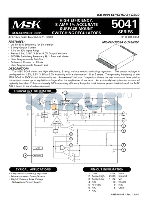 MSK5041-5E datasheet - 5V, High efficiency, 8 AMP 1 % accurate surface mount switching regulator