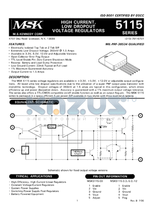 MSK5115-5ZU datasheet - 5V, High current, low dropout voltage regulator