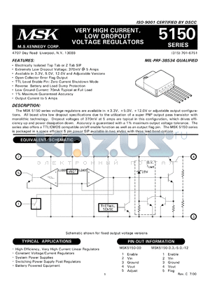 MSK5150-5TS datasheet - 5V, Very high current, low dropout voltage regulator