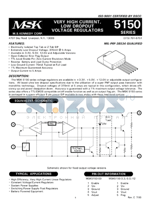 MSK5150-12BTU datasheet - 12V, Very high current, low dropout voltage regulator