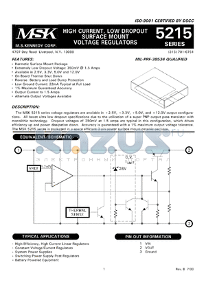 MSK5215-5H datasheet - 5V, High current, low dropout surface mount voltage regulator