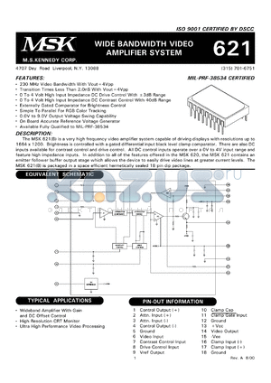 MSK621 datasheet - Wide bandwidth video amplifier system