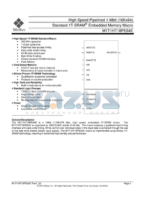 M1T1HT18PE64E datasheet - High speed flow-through 1-Mbit (16Kx64) standard 1T-SRAM memory macro