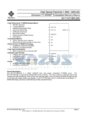 M1T1HT18PL32E datasheet - High speed flow-through 1-Mbit (32Kx32) standard 1T-SRAM memory macro