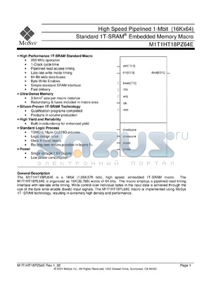 M1T1HT18PZ64E datasheet - High speed pipelined 1-Mbit (16Kx64) standard 1T-SRAM memory macro