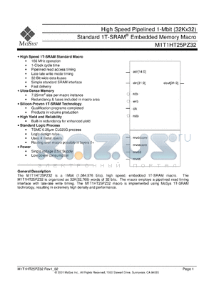 M1T1HT25PZ32 datasheet - High speed pipelined 1-Mbit (32Kx32) standard 1T-SRAM memory macro