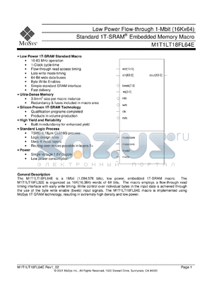 M1T1LT18FL64E datasheet - High speed flow-through 1-Mbit (16Kx64) standard 1T-SRAM memory macro