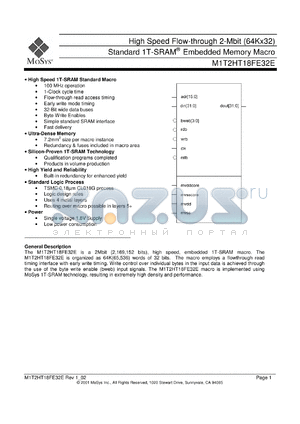 M1T2HT18FE32E datasheet - High speed flow-through 2-Mbit (64Kx32) standard 1T-SRAM memory macro