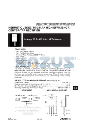 OM5225DA datasheet - 24Amp high efficiency, center-tap rectifier