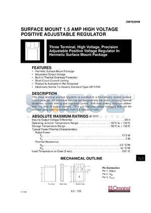 OM7620NM datasheet - Three terminal, adjustable voltage, precision 1.5Amp adjustable positive regulator