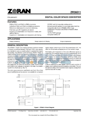 ZR36011 datasheet - Raster to block converter