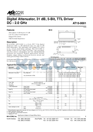 AT-15-0001 datasheet - DC-2 GHz, 31 dB ,5-Bit digital attenuator, TTL driver
