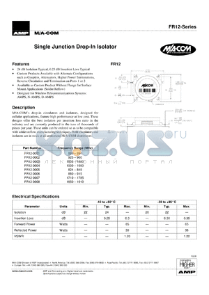 FR12-0008 datasheet - 1850-1910 MHz,single junction DROP-IN circulator