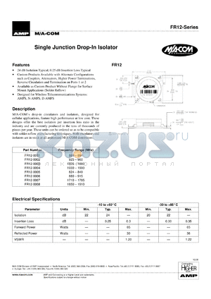 FR12-0007 datasheet - 1710-1785 MHz,single junction DROP-IN circulator