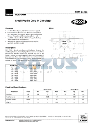 FR41-0008 datasheet - 1850-1910 MHz,small profile DROP-IN circulator