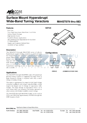 MA4ST079-T/R datasheet - 12V, 50 mA, surface mount hyperabrupt wide-band tuning varactor