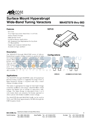 MA4ST080-T/R datasheet - 12V, 50 mA, surface mount hyperabrupt wide-band tuning varactor