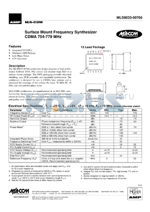 MLS9033-00766TR datasheet - 754-779 MHz, Surface mount frequency synthesizer CDMA