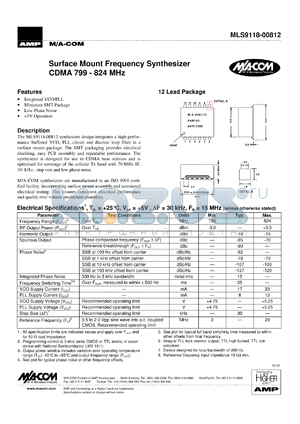 MLS9118-00812TR datasheet - CDMA 799-824 MHz, Surface mount frequency synthesizer