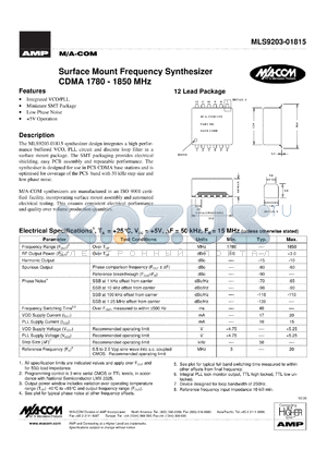 MLS9203-00815 datasheet - CDMA 1780-1850 MHz, Surface mount frequency synthesizer