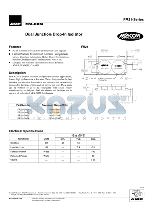 FR21-0001 datasheet - 869-894 MHz, dual junction drop-in isolator