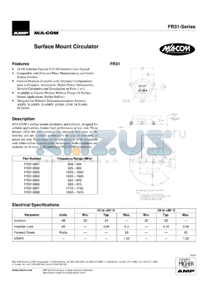 FR31-0006 datasheet - 880-915 MHz, surface mount circulator
