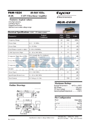 PAW1024 datasheet - 40-860 MHz,CATV ultra linear  amplifier