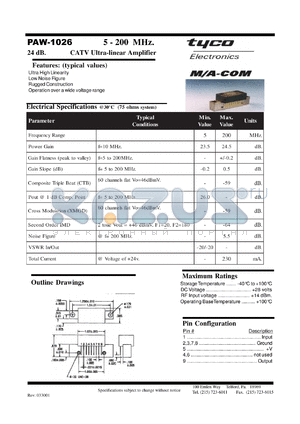 PAW1026 datasheet - 5-200 MHz,CATV ultra linear  amplifier