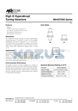 MA4ST563-134 datasheet - High Q hyperabrupt tuning varactor, 15 x 15 mil chip diode