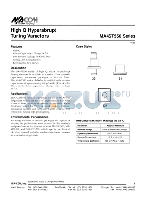 MA4ST560-134 datasheet - High Q hyperabrupt tuning varactor, 15 x 15 mil chip diode