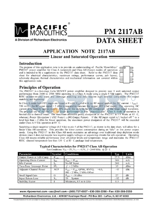 PM2117AB datasheet - Power amplifier 2400 to 2500 MHz saturated(class A) and linear(class AB) operation.