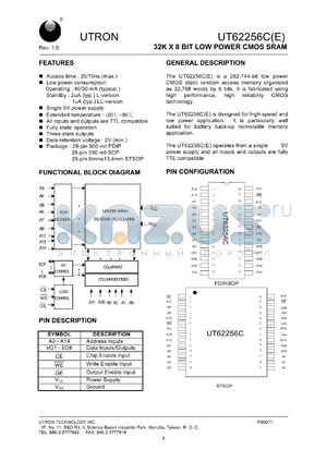 UT62256CPC-70LLE datasheet - Access time: 70 ns, 32 K x 8 Bit low power CMOS SRAM