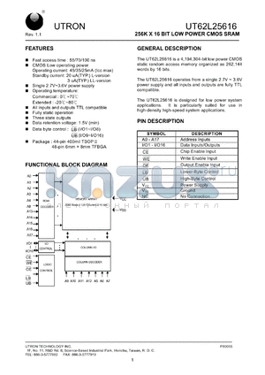 UT62L25616BS-55LL datasheet - Access time: 55 ns, 256 K x 16 Bit low power CMOS SRAM