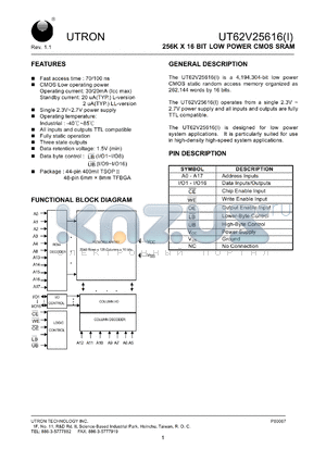 UT62V25616MC-100LI datasheet - Access time: 100 ns, 256 K x 16 Bit low power CMOS SRAM