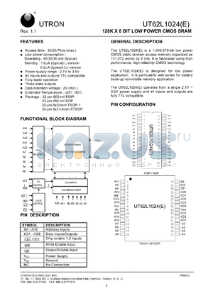 UT62L1024PC-70LLE datasheet - Access time: 70 ns, 128 K x 8 Bit low power CMOS SRAM