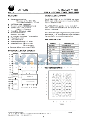 UT62L25716BS-55LLI datasheet - Access time: 55 ns, 256 K x 16 Bit low power CMOS SRAM