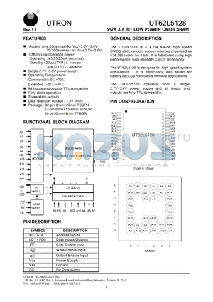 UT62L5128BS-70L datasheet - Access time: 70 ns, 512 K x 8 Bit low power CMOS SRAM