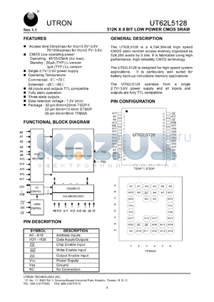 UT62L5128BS-70LE datasheet - Access time: 70 ns, 512 K x 8 Bit low power CMOS SRAM