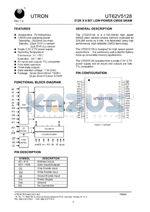 UT62V5128LC-100LE datasheet - Access time: 100 ns, 512 K x 8 Bit low power CMOS SRAM