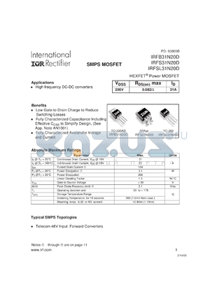 IRFS31N20D datasheet - HEXFET power MOSFET. VDSS = 200V, RDS(on) = 0.082 Ohm, ID = 31A