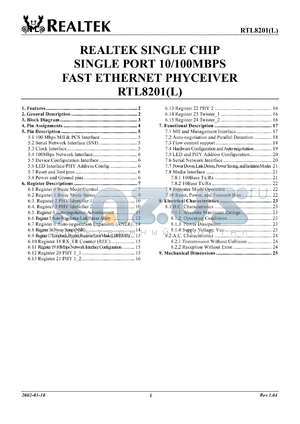 RTL8201L datasheet - 3.3 V single port 10/100 MBPS fast ethernet phyceiver