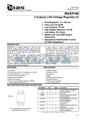 MAS9160ASM1-T datasheet - 2 outputs LDO voltage regulator. VOUT1(nom) = 3.3 V, VOUT2(nom) = 3.3 V.